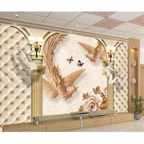 Customized 3D mural wallpaper European jade carving peony phoenix soft package relief background wall painting decorative painti