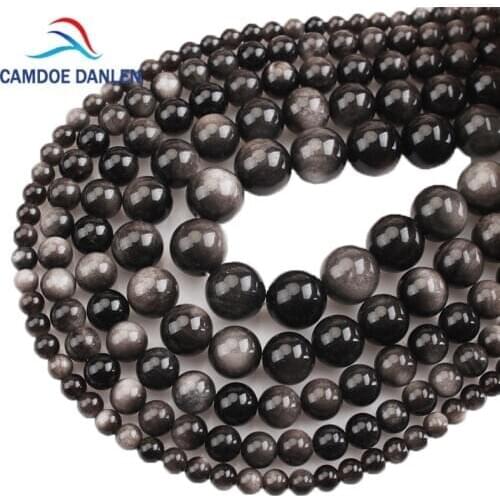 Natural Stone Precious Silvery Obsidian Round Strand Beads 4 6 8 10 12 14 16MM Fit Diy Brads For Charms Bracelet Necklace Making
