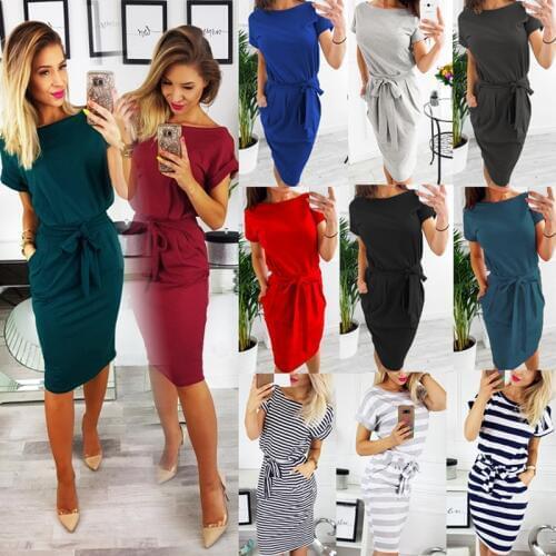 O neck summer dress fashion Lace-up Slim fit Mini dress women short sleeve dress solid black 10 colors sash bodycon sexy dresses