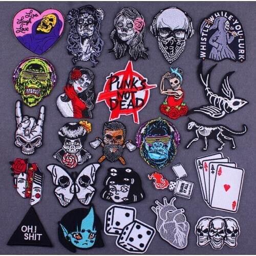 Punk Patch Hippie Skull Iron On Patches Embroidered Patches On Clothes Biker Back Patch Badge Applique Heart Stripes For Jackets