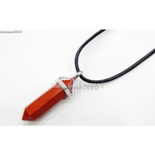 Natural Red Jas-per Gems Stones Hexagonal Pointed Healing Reiki Chakra Pendant Black Leather Cord Necklace 18''lnch 5 Sets/Pack