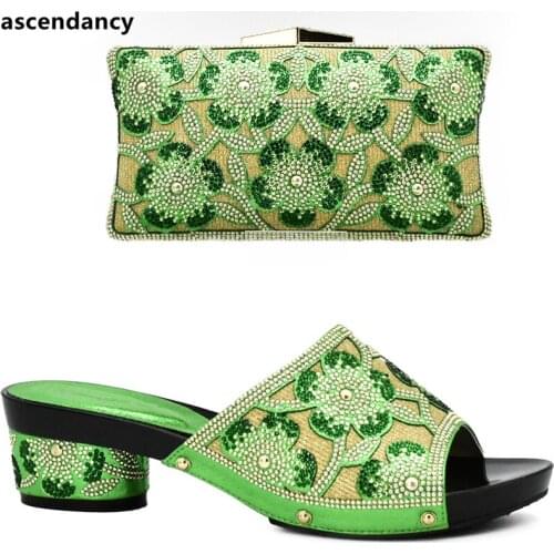 New Arrival Green Color Women Shoes and Bags To Match Set Sale African Shoes and Bags Matching Sets Decorated with Rhinestone