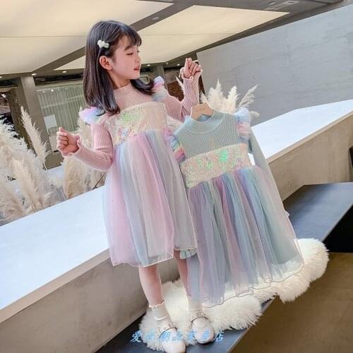 Girls Dress Long 2021 Spring Autumn Hedging Mesh Long Sleeve Skirt Knee-Length Princess Dresses Children Clothing2-12 Years Old
