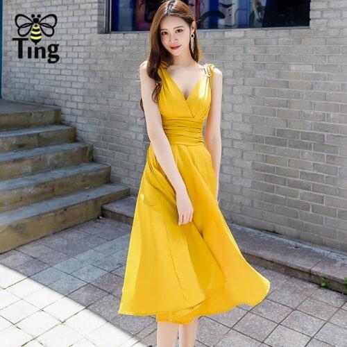 Tingfly Sweet Girl Vintage Elegant A Line Summer Short Dress Bow Tank Sexy V Neck High Waist Knee Length Street Casual Dress Eam