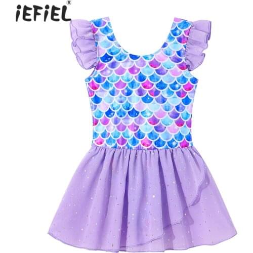 Girls Shiny Sequins Mermaid Dress Summer Kids Ruffle Sleeveless Princess Tutu Dress Girls Gymnastics Leotard Ballet Tutu Dress