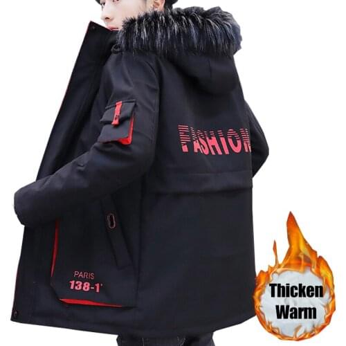 Casual 2021 Winter Fur Collar Hooded Jackets Mens Parka Thick Warm Top Coats Autumn Outerwear Fleece Vlevet Liner Windbreaker