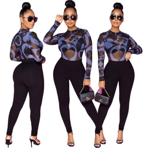 Print Ribbed Bodysuit Women O-neck Long Sleeve Sexy Rompers One Piece Mesh Patchwork Jumpsuits Elastic Slim Fitness Overalls