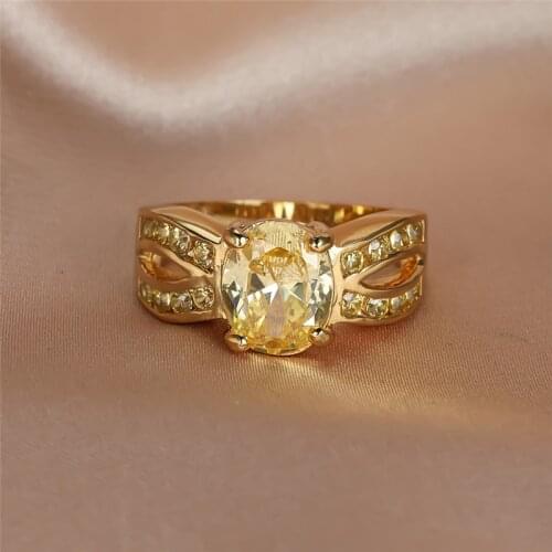 Luxury Female Crystal Yellow Stone Ring Vintage Gold Color Big Wedding Rings For Women Oval Zircon Engagement Ring
