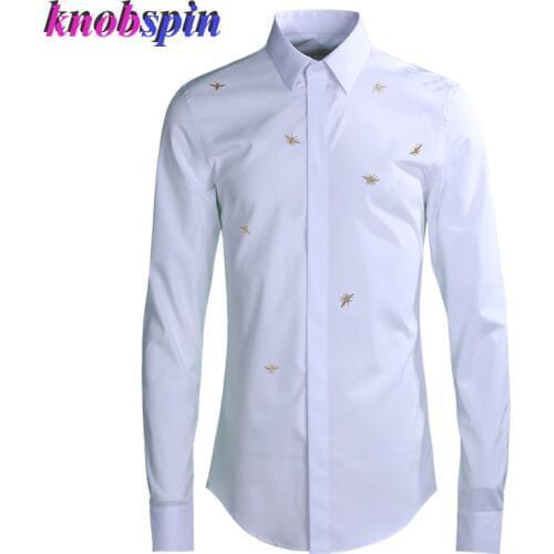 Gold Bee Embroidery Shirt men Brand Quality Business male Slim shirts Turn-down collar full sleeve Plus size M-4XL Camisas