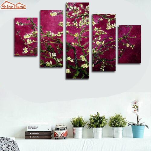 ShineHome-5pcs Canvas Oil Printing Painting Print Purple Van Gogh Almond Blossom Wall Background Living Room Household Walls Art