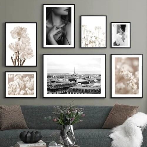 Nordic Vintage Poster Pink Flower Tower Paris Elegant Lady Wall Art Print Canvas Painting Wall Pictures For Living Room Decor