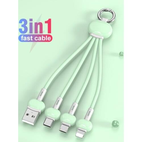 Keychain 3 In 1 USB Cable Micro USB/Type C/8 Pin Fast Charging Kable Charge Cord For iPhone 12 11 XS X XR Xiaomi Redmi