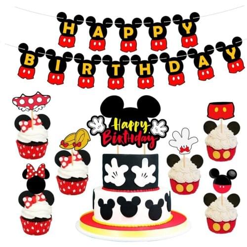 Mickey Minnie Balloon Banner Childrens Birthday Party Decoration Happy Birthday Flag Cake Insert Holiday Supplies Cake Stand
