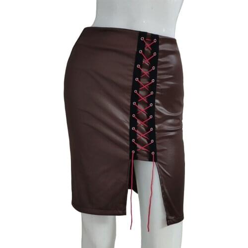 Womens Short Skirt Slit Hem Does Not Crack Leather High Waist Hip Knee Length