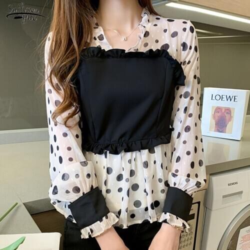 Long Sleeve Woman Shirt V-Neck Chiffon Blouse Women 2021 Spring Sweet Lady Blusas Chic Spliced Polka Dot Chemisier Femme 10540