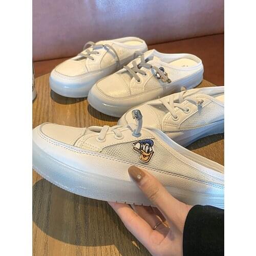 Spring and autumn womens Baotou half slippers, casual and versatile flat-bottomed cute cartoon Roman shoes comfortable