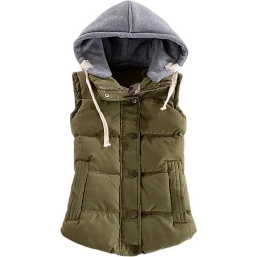 Women Autumn Winter Warm Down Vest Zip Button Pocket Removable Hooded Waistcoat