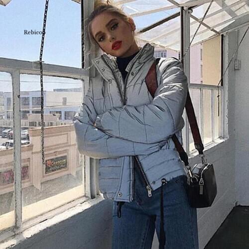 Winter Fashion Reflective Short Warm Women Coat Jackets Short Jacket Top Gray Color New Ladies Parka Spring Ladies Coat