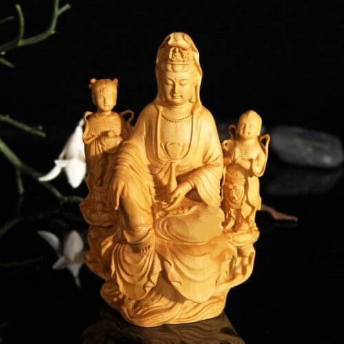 Golden Boy, Jade Girl, Guanyin Boy, and Goddess of Mercy Home Decoration Gift for Goddess of Mercy Wood Carving