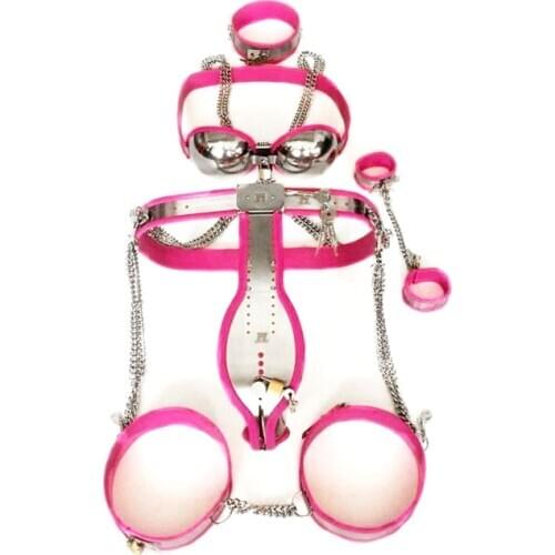 5Pcs/Set Stainless Steel Bondage Kit Chastity Belt Bra Handcuffs Collar Male Chastity Device Cage BDSM Products Sex Toys For Men