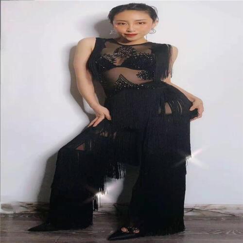 D42 Black sexy singer Sleeveless mesh jumpsuit tassel bodysuit Rhinestone trousers stage performance dance costumes bar outfits