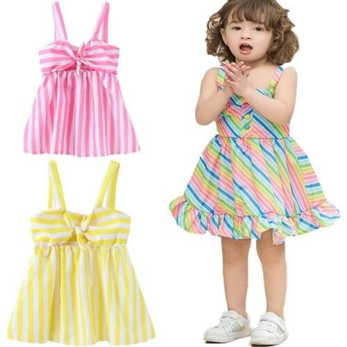 Kid Girls Sling Cute Bow Beach Dress Childrens Summer Clothes Baby Sleeveless Sweet Casual Style Striped Dress 1-6Y Vestidos