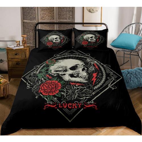 Gothic Skull Bedding Set Rose Black Background Duvet Cover Set King Size Quilt Cover Terror Style Bed Set Home Textiles 3pcs
