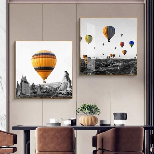 Modern Style Canvas Painting Wall Poster and Print Colorful Hot Air Balloons Gray Mountain and Land Field for Home Room Wall Dec