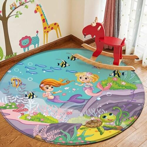 Good Quality Ocean Shark and Mermaid Pattern Non-Slip Children Flannel Round Carpet Baby Carpet Baby Play Mat Children Carpet