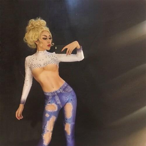 Glisten Rhinestones Jumpsuit White Top Denim Costume Bling Womens Sexy Bodysuit Big Hole Jeans Rompers Female Prom Outfit