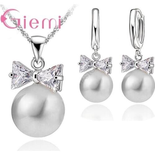 Hot Sell Earrings Necklace Crystal Pearl Jewelry Set 925 Sterling Silver Pearl Crystal Bow Tie Hoop Earrings Necklace Set