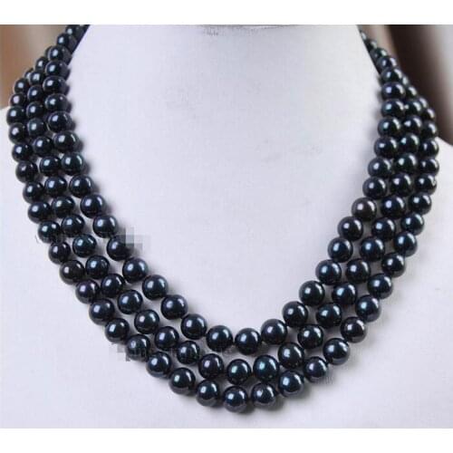 Beautiful 3Rows 8-9 mm Natural Cultured Black Pearl Jewelry Necklace