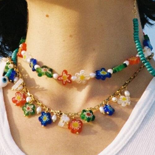 Fashion colourful flower bohemian friendship handmade beaded summer SENNA choker pearl millefiori glass bead necklaces for women