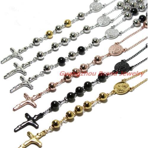 New Fashion Shiny 4/6/8mm Choose Cross Beads Rosary Link Chain Men/Womens 316L Stainless Steel Link Necklace, Top Quality