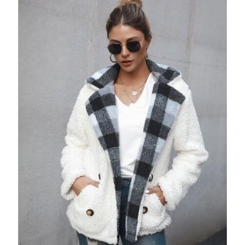 Autumn Winter Women Faux Fur Coat Fleece Sweatshirts Cardigan Plaid Lapel Coat Women Overcoat Plush Jacket Mujer Chaqueta Mujer