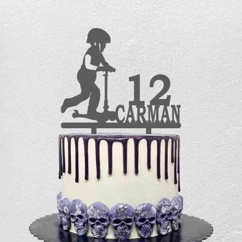 Personalized Child Birthday Cake Topper Custom Name Age Kid Playing Scooter For Scooter Club Scooter Party Cake Decoration