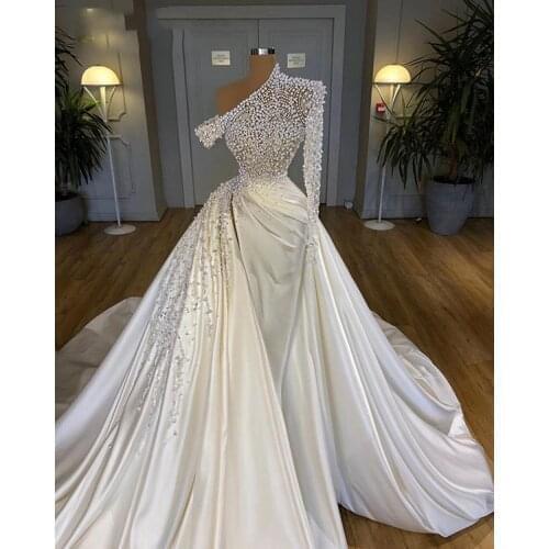 Luxury Mermaid Wedding Dress in Dubai for Women 2021Beaded Satin Single Long Sleeves with Long Train African Bridal Weddin Gowns
