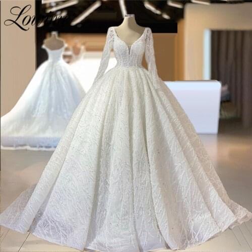 Luxury Muslim Wedding Dresses 2021 V Neck Bridal Gowns Long Sleeve Beaded Princess Plus Size Vestido De Novia Bride Dresses Gown