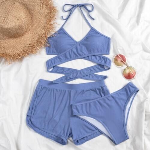 Sexy Push Up Bikinis Women Swimwear Padded Bandage Bikini Set Three Piece Swimsuit with Shorts Beach Wear Female Bathing Suits