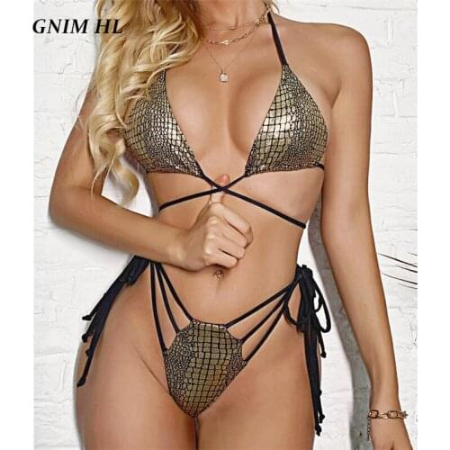 GNIM Sexy Bandage Thong Bikini Set 2021 Summer String Swimwear Women 2 Piece Beachwear Print Halter Micro Brazilian Swimsuit New