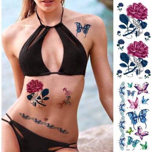 Flower Peony Chinese Rose Tattoo For Women Waterproof Butterfly Sketch Sexy Flower Temporary Tattoo Fake Tattoos For Woman Roses