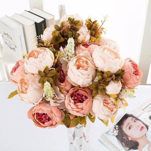 Vintage Silk Flower European 1 Bouquet Artificial Flowers Fall Vivid Peony Fake Leaf Wedding Home Party Decoration 13 Branches