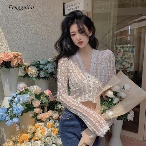 French Style Fashion Cut-Out Lace Shirt Womens Summer New Short Long Sleeve Top Thin Sunscreen 2021 New