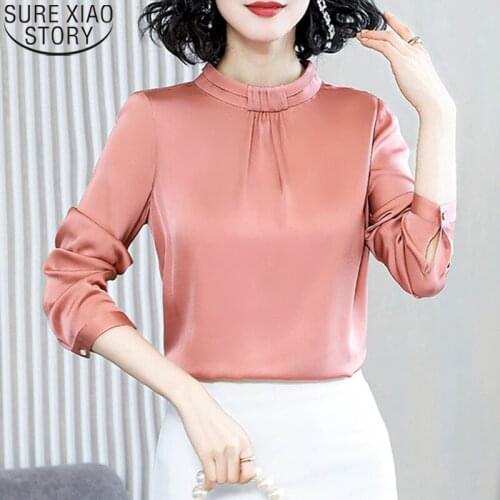 Office Lady Women Blouse Stand Collar Korean Clothes 2021 Spring Silk Satin Blouse Long Sleeve Tops Plus Size Tops Blusas 13045