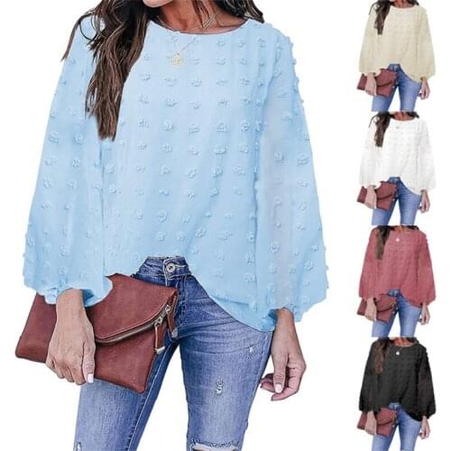 2021 New Autumn Women Solid Medium Length Top Long Sleeve Round Neck Loose Jacquard Polka Dot Chic Casual Lady Shirt