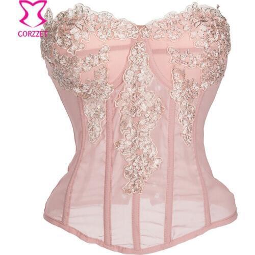 Pink Chiffon With Floral Appliques Gothic Corselet Espartilhos E Corpetes Sexy Corset Burlesque Lingerie Push Up Bustier Tops