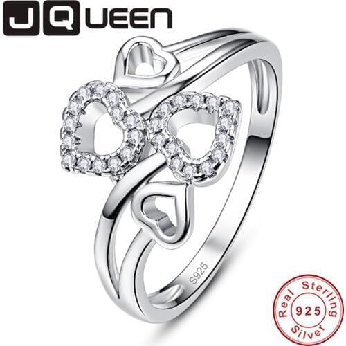 JQUEEN Womens Four Heart Wedding Ring Silver Ring 925 Jewelry Paving Set CZ Zircon Crystal Jewelry Bijoux Femme