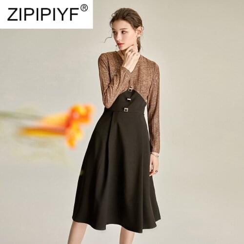 2020 Spring Women New Fashion Dress V-Neck Short Or Long Sleeve Patchwork Dress Slim Knee-Length Elegant High Street Dress Y63