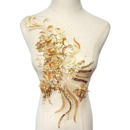 Gold Yellow 3D Flowers Sequin Tassel Embroidered Appliques Mesh Lace Trims Collar Sew On Patch For Wedding Decoration Dress DIY