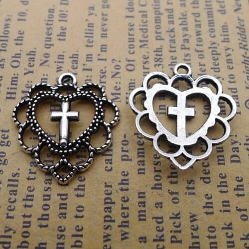 10 pieces/lot 20*22mm Hollowed-out Love Cross Charm Heart Pendant Bracelet Key chain Antique silver color Metal Accessory DIY